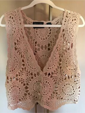 Vintage Cherry Stix Crochet Sweater Vest Cream Beige Boho Y2K Floral Button Up